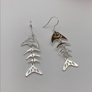 Silver Fishbone Dangle Earrings • Cute Whimsical Statement Jewelry